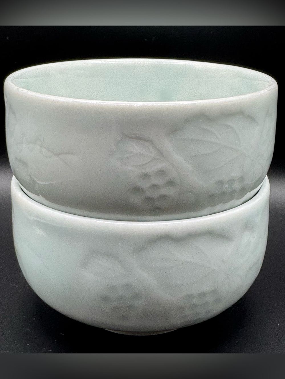 Vintage Japanese Arita Celadon Bowls Set of 2 Seikai Kiln Grape Vine Relief